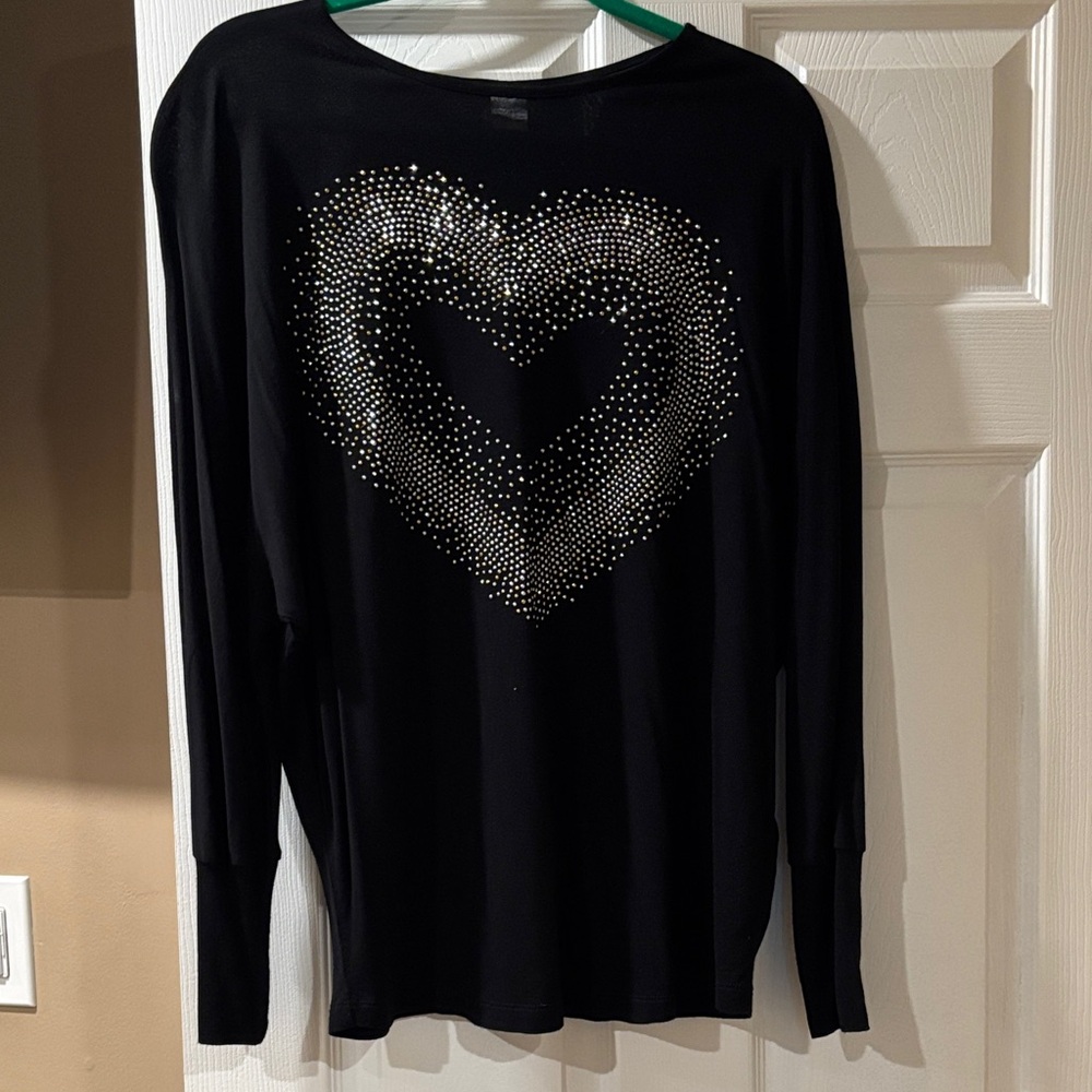 VENUS Black Long Sleeve Top with Silver Heart Design